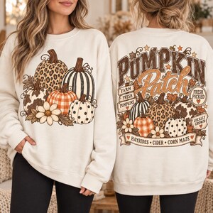Set PNG fronte e retro di un campo di zucche, zucca autunnale fresca di fattoria, design per maglietta autunnale a quadretti leopardati, sublimazione boutique