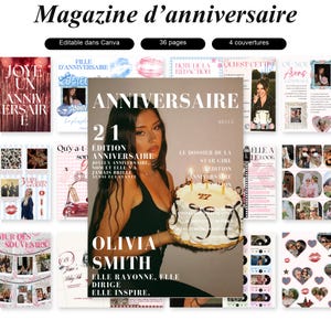Puede incluir: Una plantilla de revista de cumpleaños digital con 36 páginas y 4 portadas. La portada central muestra a una persona sosteniendo un pastel blanco con velas encendidas, titulada ANNIVERSAIRE 21, con el nombre OLIVIA SMITH y varios textos.