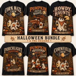 6 Farmhouse Halloween PNG Bundle, Pumpkin Patch Ghosts, Retro Fall Sublimation Designs