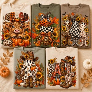 5 Western Fall Halloween PNG Bundle, Cowgirl Ghost, Highland Cow, Pumpkin Patch, Boho Floral Designs