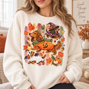 Puede incluir: Una sudadera de cuello redondo color crema con un estampado gráfico de tres perros salchicha con disfraces de Halloween. Un perro lleva un suéter de calabaza, otro un sombrero de bruja y el tercero un disfraz de fantasma, rodeados de hojas otoñales.
