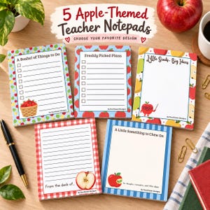 May include: Five rectangular paper notepads with apple-themed designs. The notepads feature various layouts including checklists and lined pages with text such as A Bushel of Things to Do, Freshly Picked Plans, Little Seeds Big Ideas, and A Little Something to Chew On.