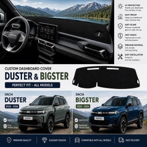 May include: A black custom dashboard cover for Dacia Duster and Bigster vehicles. The cover is shown installed in a car interior and as a standalone piece. Text includes Dacia Duster 2024-2026 and Bigster 2025-2026, highlighting UV protection, dust proofing, anti-glare, anti-crack, and easy installation features.