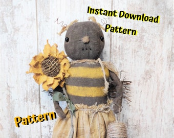 Sofortiger Download MUSTER PDF Primitive Volkskunst Tuch Sommer Bauernhof Haus Honig Biene Puppe Sonnenblume und Biene Skep Wicke Primitives