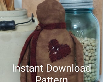 NEW 2024 Instant Digital Download PATTERN PDF Primitive Valentine Gingerbread Man Doll Sewing Pattern with Stitched Heart/ Valentine's Day