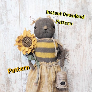 Instant Download PATTERN PDF Primitive Folk Art Cloth Summer Farm House Honey Bee Doll Sunflower and Bee Skep  Sweetpeas Primitives