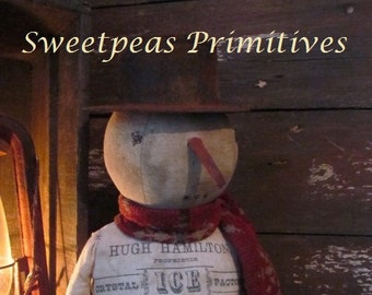 E-PATTERN Primitive Folk Art Early Style Snowman Doll with Vintage Reproduction Ice Advertising