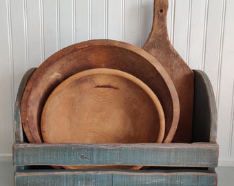 Primitive HANDMADE Farmhouse Rustic Aged Settlers Blue Pain Wood Wooden Bread Board Bowl Holder Only / Storage Bin / Home Decor Storage