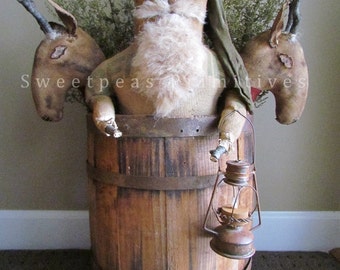 NEW 2015 Primitive Christmas Folk Art Early Style Barrel Santa Doll and Reindeer Heads E=Pattern~ Sweetpeas Primitives