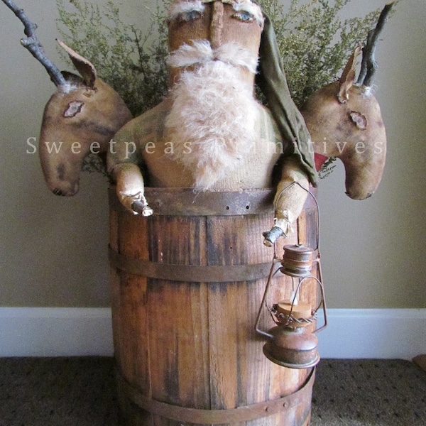 NEW 2015 Primitive Christmas Folk Art Early Style Barrel Santa Doll and Reindeer Heads E=Pattern~ Sweetpeas Primitives