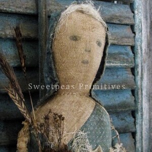 E-PATTERN PDF Instant Download Extreme Primitive Folk Art Early Vintage Style Dry Goods Prairie Doll Repro Feed Sack Sweetpeas Primitives image 2