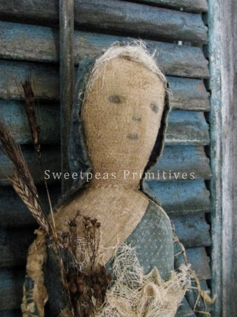 E-PATTERN PDF Instant Download Extreme Primitive Folk Art Early Vintage Style Dry Goods Prairie Doll Repro Feed Sack Sweetpeas Primitives image 2