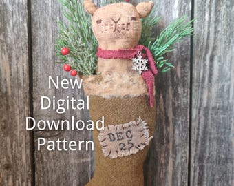 NEW Primitive Christmas Cat in Stocking Pattern • Digital Download Sewing Pattern • Farmhouse Holiday Ornament • Primitive Décor