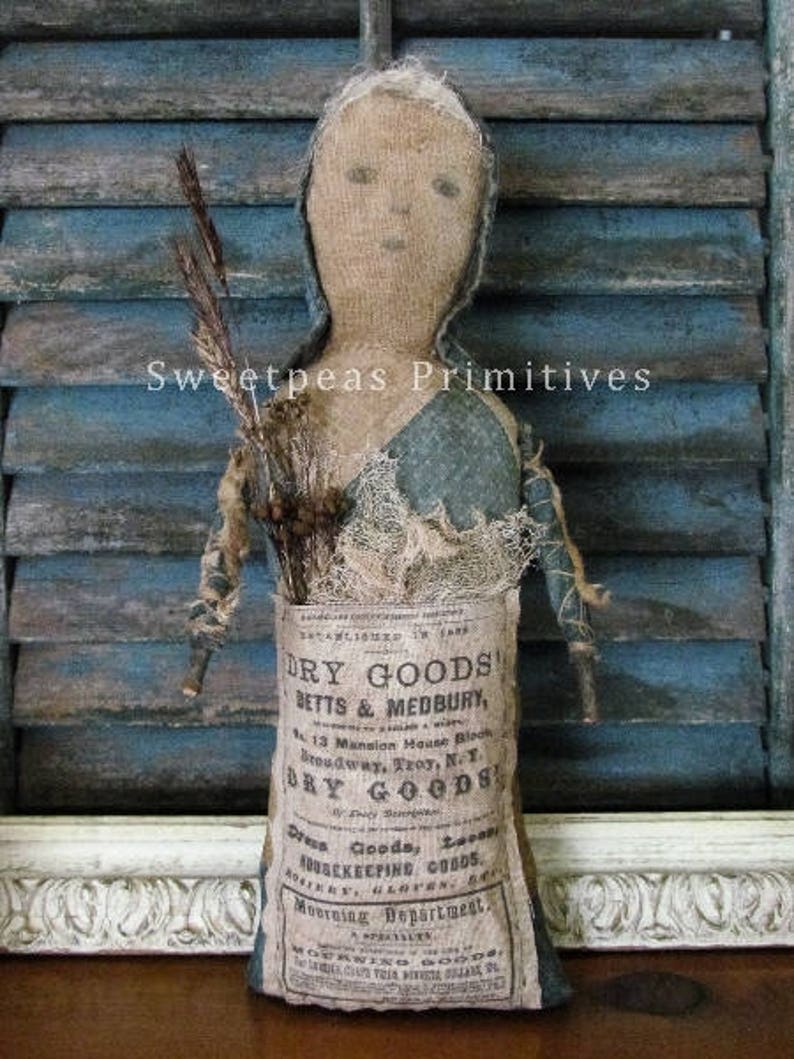 E-PATTERN PDF Instant Download Extreme Primitive Folk Art Early Vintage Style Dry Goods Prairie Doll Repro Feed Sack Sweetpeas Primitives image 1