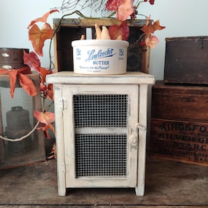 Primitive Aged White Mini Pie Safe – Distressed Chippy Paint Cabinet –Farmhouse Wood Shelf /Jelly Cupboard - Counter Storage Cabinet