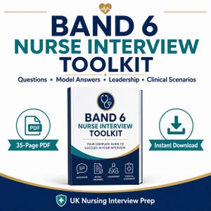以下が含まれることがあります： 35ページのPDFと即時ダウンロードが可能なBand 6 Nurse Interview Toolkitガイド。表紙にはタイトル、聴診器のアイコン、質問、模範解答、リーダーシップ、臨床シナリオのセクションが青とティールカラーで記載されています。