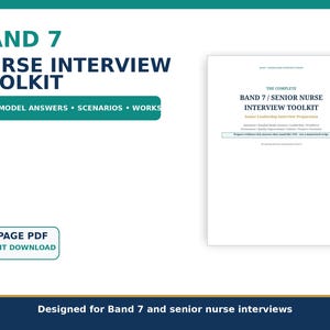 Pode incluir: Um documento digital PDF de 36 páginas intitulado Band 7 Nurse Interview Toolkit. A capa apresenta texto azul escuro sobre um fundo branco, incluindo seções para respostas modelo, cenários e planilhas de preparação para entrevistas.