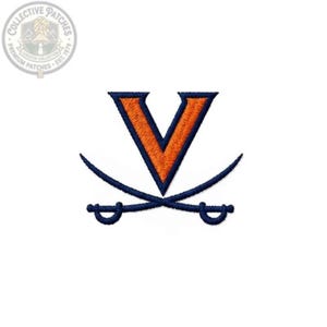 May include: An embroidered patch featuring a large orange letter V with a dark blue border, positioned above two crossed dark blue sabers. The design includes a circular logo in the top left corner with the text Collective Patches Est. 1979.