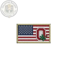 May include: A rectangular embroidered patch featuring the American flag with red and white stripes and a blue field with white stars. A red block letter O with a white border is centered on the stripes, accented by a small green buckeye leaf.