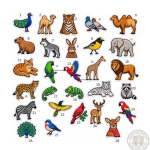 May include: A collection of twenty-eight embroidered animal patches, each numbered and featuring distinct creatures including a peacock, tiger, elephant, lion, zebra, and various birds, arranged in a grid on a white background.