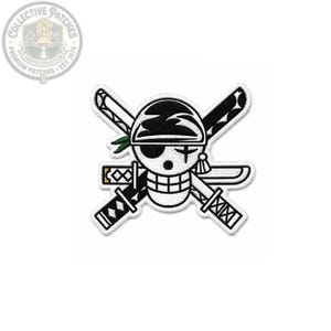 May include: An embroidered patch featuring a black and white skull wearing a bandana with a green accent, positioned over two crossed swords. The skull has a distinct eye patch and a scar over one eye, rendered in a clean, graphic style.