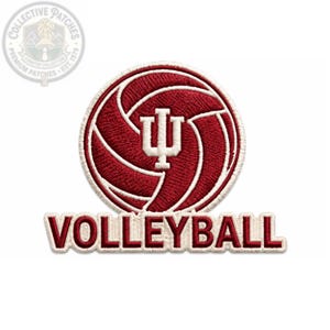 May include: A circular embroidered patch featuring a maroon volleyball design with white stitching details and a white IU logo in the centre. Below the volleyball, the word VOLLEYBALL is embroidered in maroon capital letters with a white border.