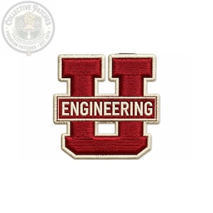May include: A maroon and white embroidered patch in the shape of a block letter U. The word ENGINEERING is stitched in white capital letters across the center horizontal bar of the U. The patch features a thick white border around the maroon edges.