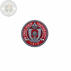 May include: A circular embroidered patch featuring the Ohio State University seal in red, white, and black. The design includes a central shield with an open book and a leaf, surrounded by the text Ohio State University and the year 1870.