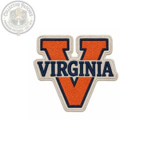 May include: An embroidered patch featuring a large orange letter V with a dark blue border and the word VIRGINIA in dark blue capital letters across the center. The patch has a light cream-colored stitched edge and a textured fabric surface.