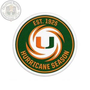 May include: A circular embroidered patch featuring a dark green background with an orange and white hurricane-style swirl design. In the center is an orange letter U. The text EST. 1925 and HURRICANE SEASON are stitched in orange lettering.