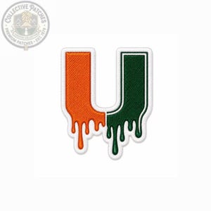 May include: An embroidered patch in the shape of the letter U, featuring a split design with orange on the left and dark green on the right. The bottom edges of the letter feature a dripping paint effect with a white border outline throughout.