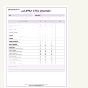 Peut inclure: Un document de liste de contrôle de soins quotidiens ADL blanc avec du texte et des bordures violets. Le formulaire comprend des sections pour la date, le soignant et un tableau avec 14 activités quotidiennes, des colonnes AM, PM, fait et notes.