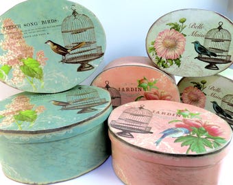 Birds Floral Antique Style Tins, 2 Set of 3 Tins for Storage, Jewelry, Container, Kitchen Farmhouse Decor,Vintage 6 Total Tins Sold Together