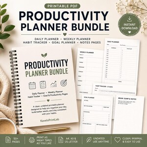 Könnte beinhalten: Ein druckbares Produktivitätsplaner-Set mit einem spiralgebundenen Einband mit dem Text Productivity Planner Bundle, Daily Planner, Weekly Planner, Habit Tracker, Goal Planner und Notes Pages. Enthält verschiedene undatierte Seitenlayouts.
