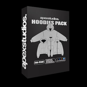 May include: A black rectangular product box featuring the text apexstudios. HOODIES PACK in white. The front displays a light gray graphic illustration of four different hoodie designs. Small icons for software compatibility are visible at the bottom.