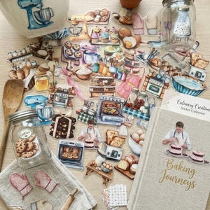 May include: A collection of baking-themed stickers featuring illustrations of stand mixers, ovens, cupcakes, bread, and jars. Included are a beige fabric-covered journal titled Baking Journeys, a ceramic bowl, two glass jars, a wooden spoon, and a linen cloth.