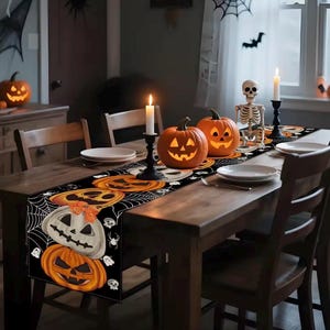 1 stuk Boho Halloween tafelloper decoratie met pompoen, vleermuis en schedel