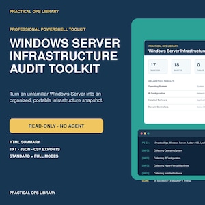 May include: A digital graphic for the Windows Server Infrastructure Audit Toolkit. It features a dark blue background with white text, a yellow button labeled READ-ONLY NO AGENT, and a teal panel displaying audit results and command line logs.