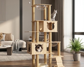 大型キャットツリー、高さ198cmのキャットタワー、多層キャットツリー、サイザル麻の爪とぎポール、キャットコンド、キャットハウス、室内用キャット家具