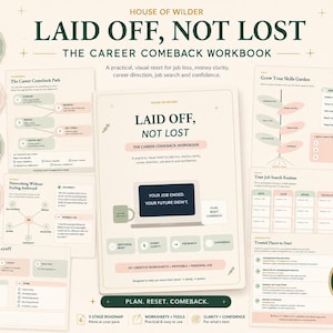 May include: A digital workbook titled Laid Off, Not Lost: The Career Comeback Workbook, featuring 35 pages of worksheets, a 5-stage roadmap, and bonus flashcards. The design uses a soft palette of cream, sage green, and muted pink with icons.