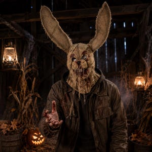 Peut inclure: Un masque de lapin intégral en toile de jute beige avec de longues oreilles dressées, des coutures apparentes et des taches rouges semblables à du sang autour de la bouche et des yeux. Le masque présente des bords effilochés et une veste marron.