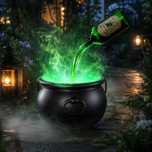 Può includere: Un calderone in metallo nero con manico, che emette un vapore verde brillante. Una bottiglia di vetro verde è inclinata sopra il calderone, versando un liquido verde luminoso al centro. La bottiglia presenta un'etichetta beige con testo nero.