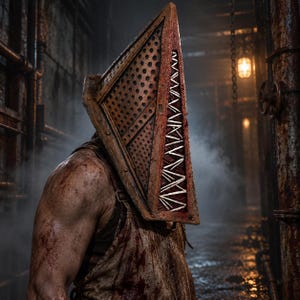 May include: A figure wearing a large, weathered, triangular metal helmet with a perforated surface and a jagged, white-stitched opening. The figure is dressed in a stained, blood-spattered apron, with visible muscular arms covered in dark grime.