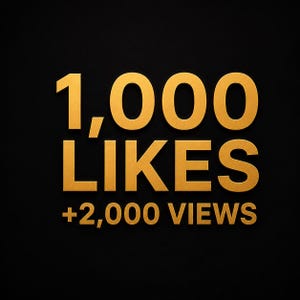 May include: A graphic design featuring the gold-coloured text 1,000 LIKES and +2,000 VIEWS set against a solid black background. The lettering is presented in a bold, sans-serif font with a slight three-dimensional appearance and a smooth finish.