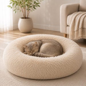 Puede incluir: Una cama redonda y mullida para mascotas con una textura de piel sintética gruesa de color crema. Un gato de color marrón claro con pelaje corto está acurrucado en el centro de la cama, durmiendo plácidamente. La cama tiene un borde acolchado.