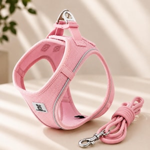 Puede incluir: Un arnés para mascota de color rosa claro con tejido de malla texturizado, una anilla en D de metal plateado en la parte superior y ribetes reflectantes en los bordes. Un pequeño parche rectangular con el texto DUGIRITON está fijado en el lateral. Se incluye una correa de cuerda rosa a juego con un mosquetón giratorio de metal plateado.