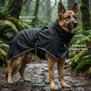 Puede incluir: Un impermeable negro para perro con tela impermeable, ribete de seguridad reflectante en los bordes y una correa de ajuste. El abrigo cubre la espalda y el cuello de un pastor alemán, con etiquetas de texto que señalan la tela impermeable, el ajuste regulable y el ribete reflectante.