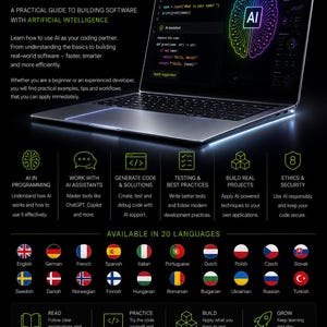 Puede incluir: Una portada de libro titulada Programming with AI, A Practical Guide to Building Software with Artificial Intelligence. Muestra un portátil con código y un gráfico de cerebro brillante, con iconos de temas de IA y 20 idiomas disponibles.