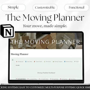 May include: A digital moving planner displayed on a laptop screen, featuring the Notion logo, the text The Moving Planner, and a checklist dashboard. The interface includes sections for tracking moving tasks, dates, and expenses in a structured layout.