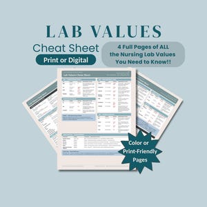 May include: A nursing lab values cheat sheet set featuring four pages of medical data. The documents are displayed in a fan layout with blue and white colour schemes, including text labels like Lab Values, Cheat Sheet, and Print or Digital.